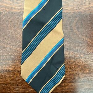 Vintage Yves Saint Laurent YSL Paris Blue And Tan Diagonal Striped Silk Wide Tie